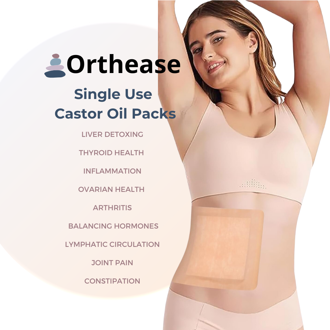 Larger size Orthease patch displayed on woman’s abdomen with callout text