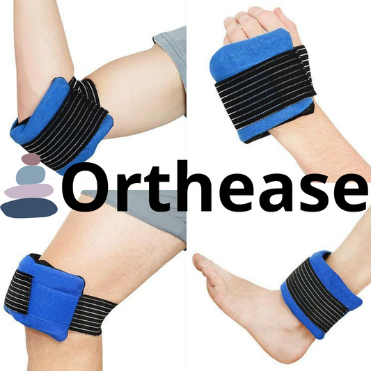 Orthease Gel Pack strapped to arm , hand, ankle and knee using adjustable compression wrap