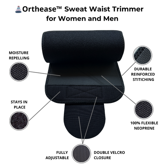 Infographic showing key features of Orthease waist trimmer including adjustable fit and sweat activation