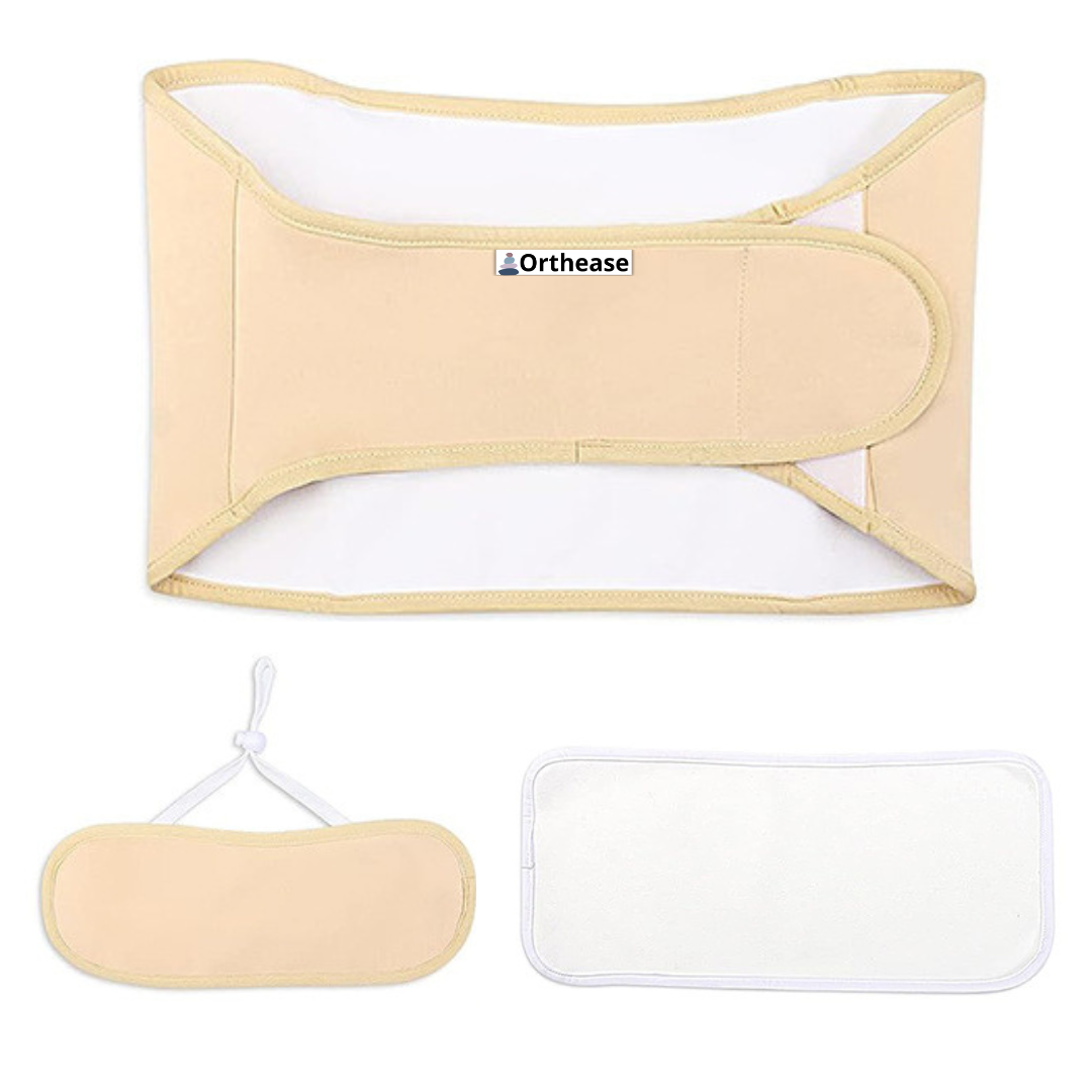 Flat lay of Orthease castor oil wrap with neck strap and inner flannel

