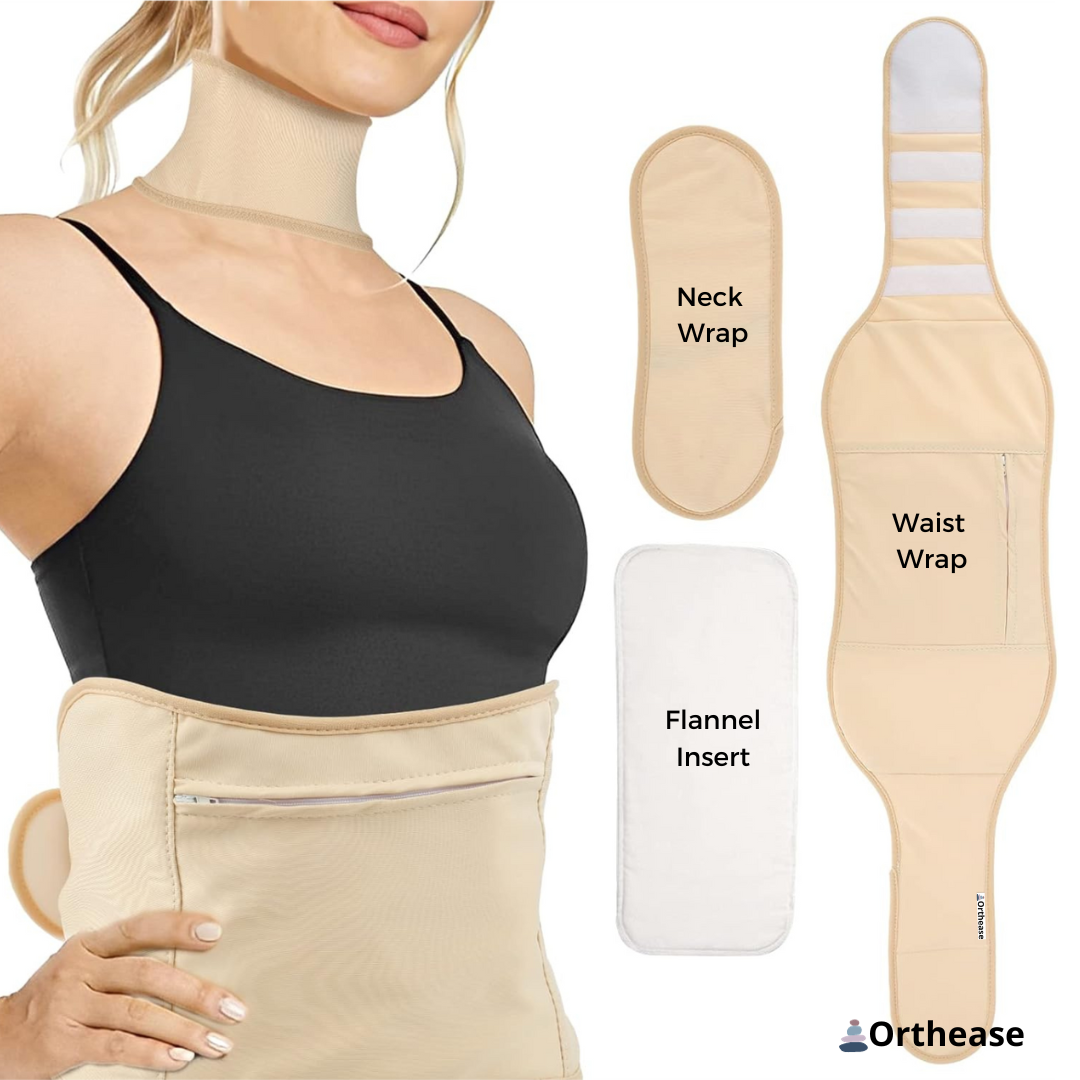Flat lay of Orthease castor oil wrap with straps extended

