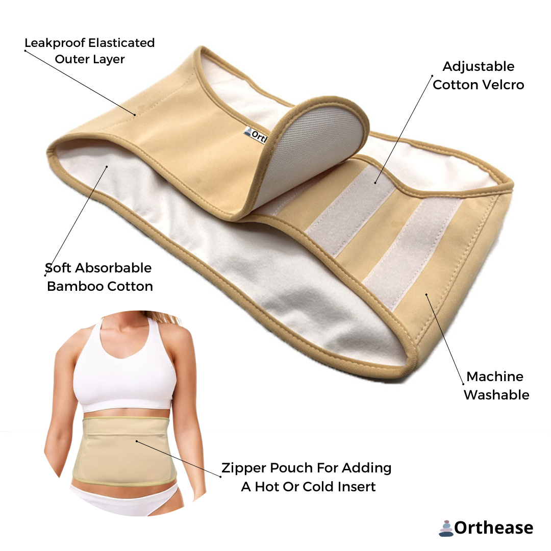 Flat lay of back of Orthease castor oil showing velcro closure and zipper pouch 