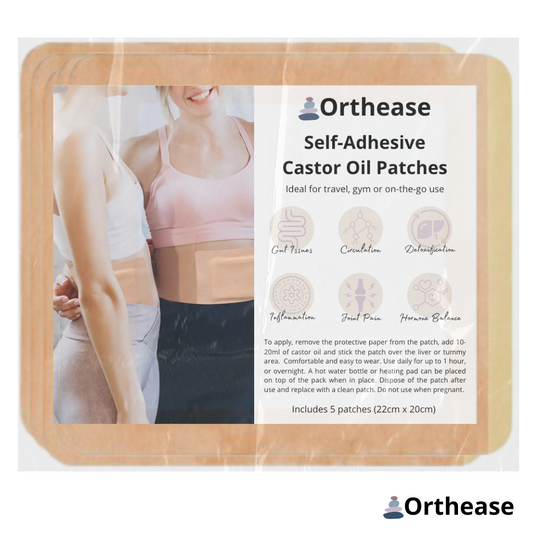 Orthease castor oil patch shown applied to abdomen with instructional guide