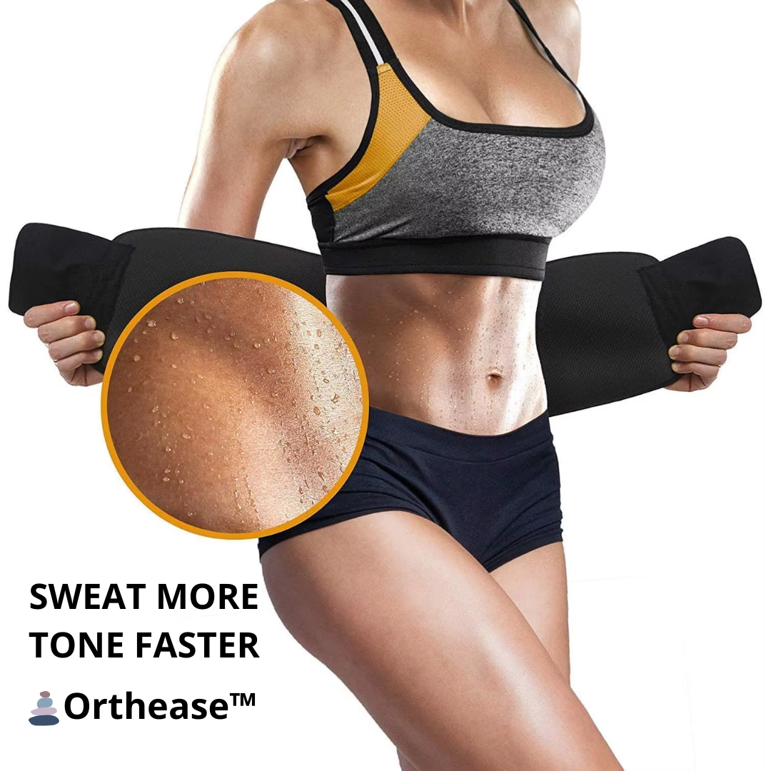 Woman exercising with Orthease sweat wrap around waist, showing sweat drops

