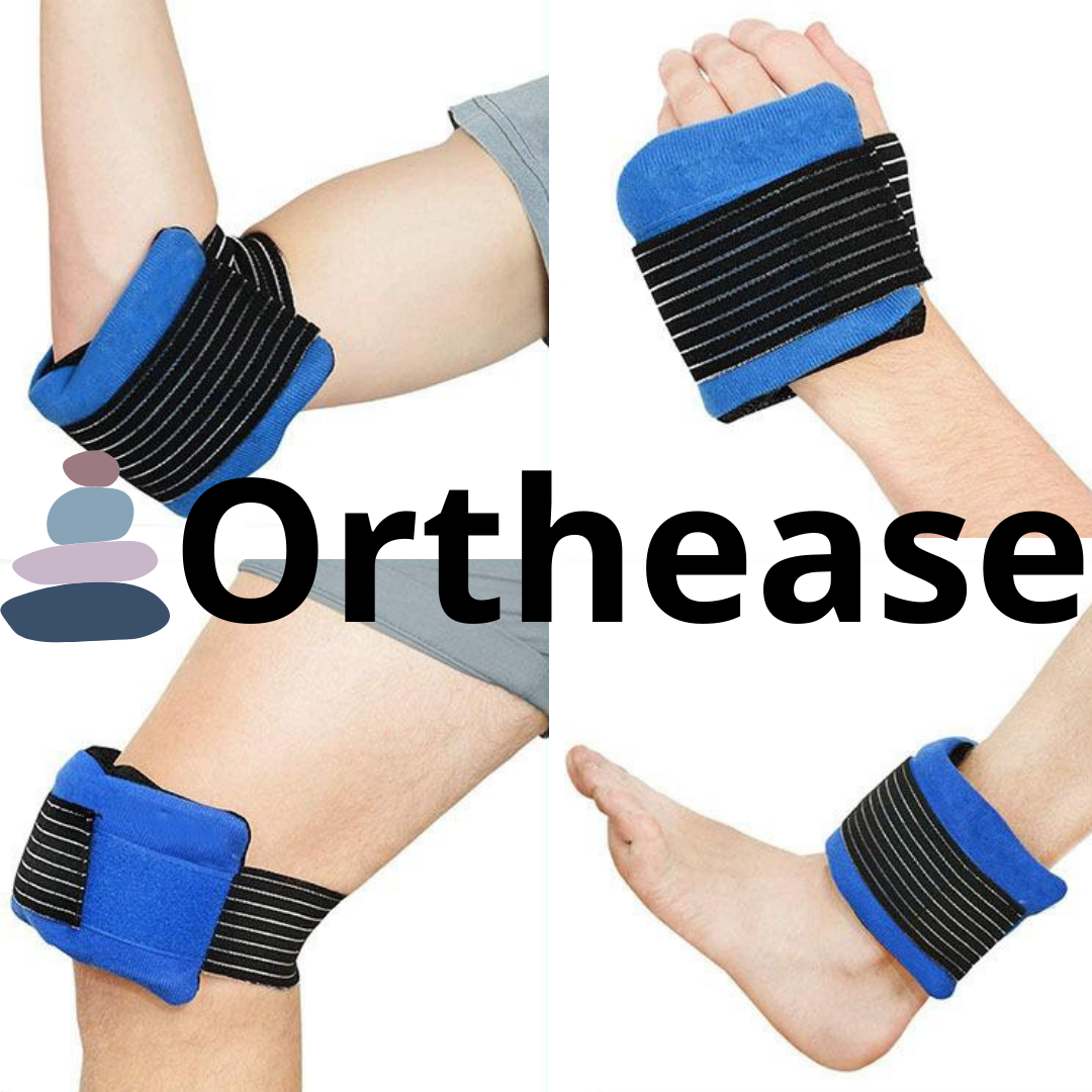 Orthease Gel Pack strapped to arm , hand, ankle and knee using adjustable compression wrap