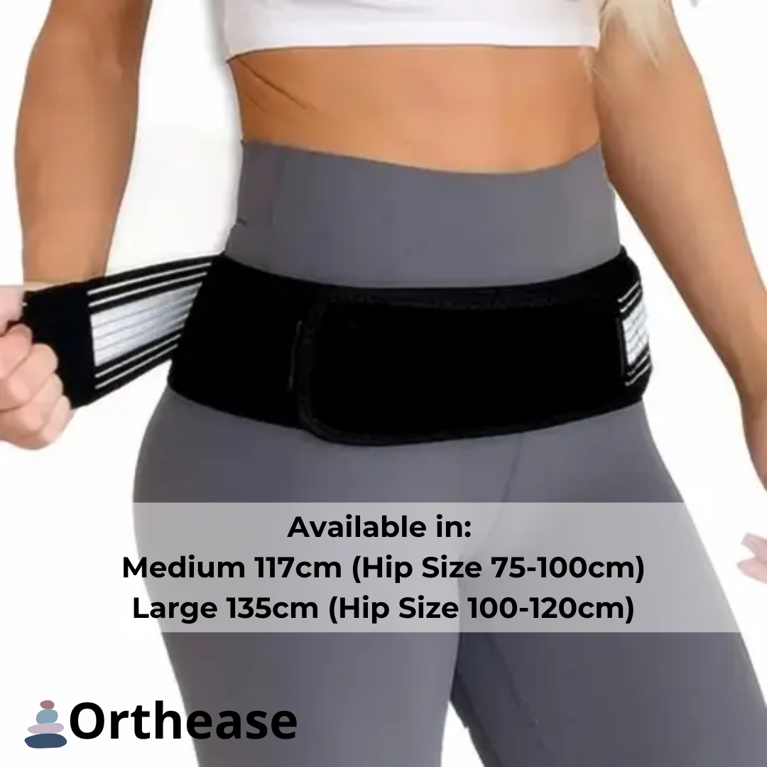 Lifestyle image – woman wearing Orthease Belt over activewear showing belt sizes


