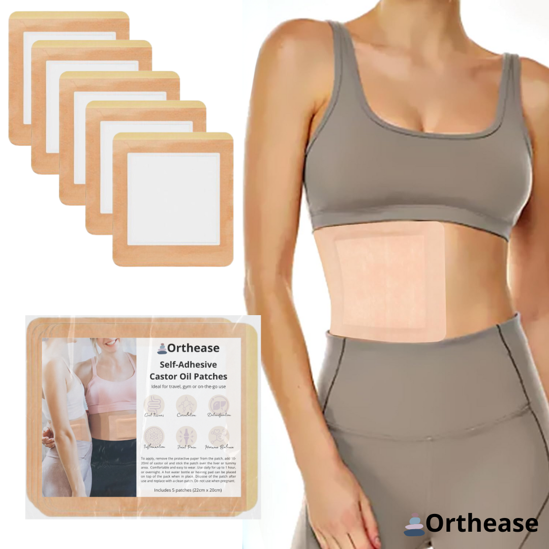 Woman wearing Orthease castor oil patch on abdomen with 5-pack product shown