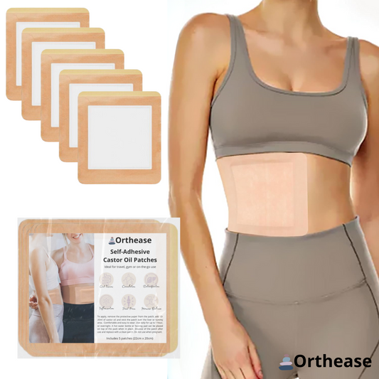 Woman wearing Orthease castor oil patch on abdomen with 5-pack product shown