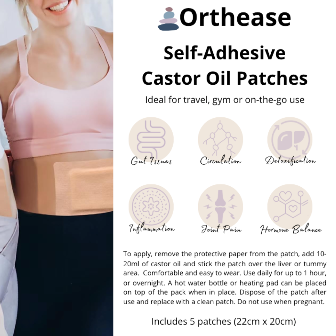 Infographic showing benefits and instructions for use of Orthease castor oil patches