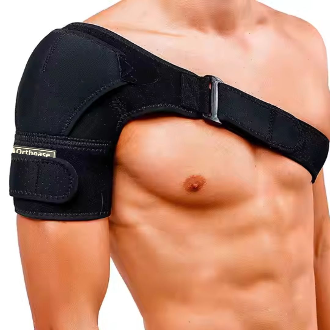 Lifestyle image of shoulder brace worn under t-shirt


