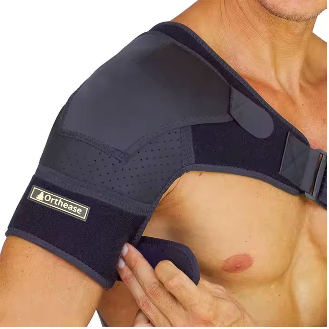 Man wearing Orthease neoprene shoulder brace on right shoulder