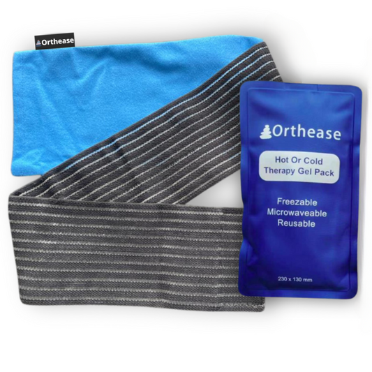 Orthease Hot and Cold Therapy Gel Pack with soft blue cover and elasticised compression wrap